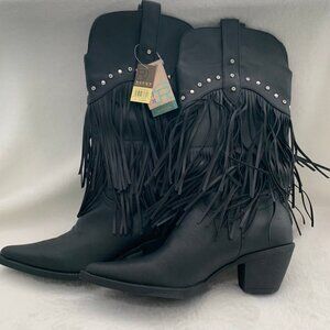 NEW Roper black Oakley faux leather boot narrow toe 12" fringe with study design